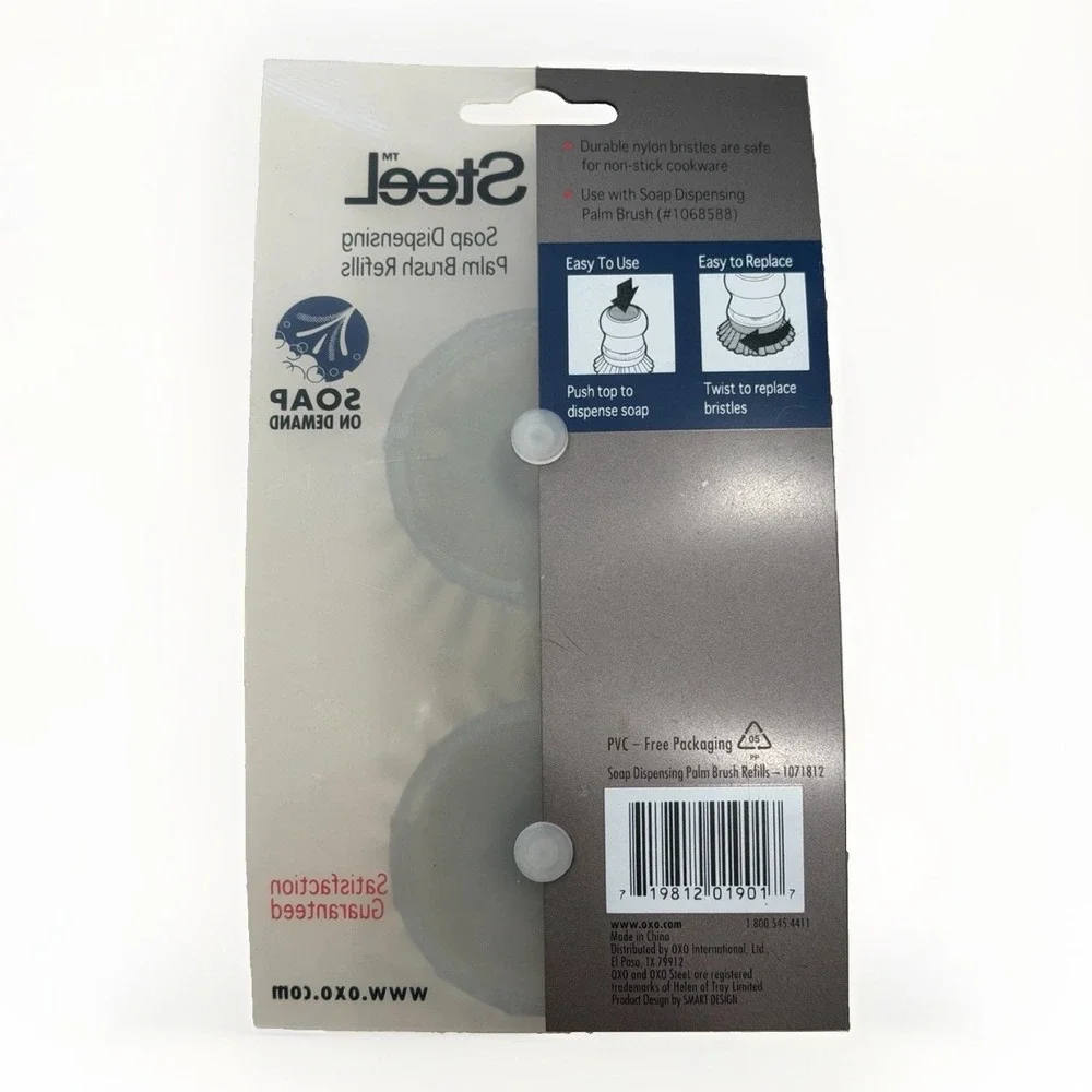 OXO Steel Soap Dispensing Palm Brush Refills, White/Gray Nylon Bristles, 2 Pack